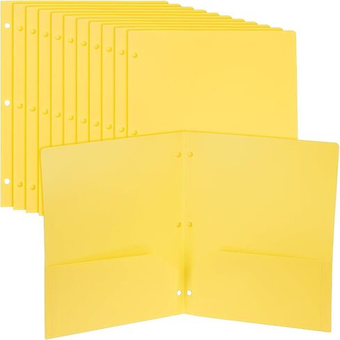 PATIKIL 12 Pcs Plastic Two Pocket Folders, 3 Hole Punch Durable Heavy Duty 2 Pocket File Folders, Letter Size Binder Index Divider with Business Card Slot for Office Home, Yellow in Saudi Arabia