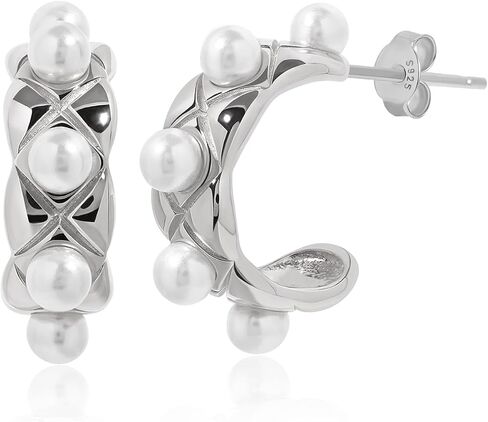 Gold Hoop Earrings for Women Chunky Pearl Huggie Earrings 925 Sterling Silver Wedding Hoops, Gold in Kuwait