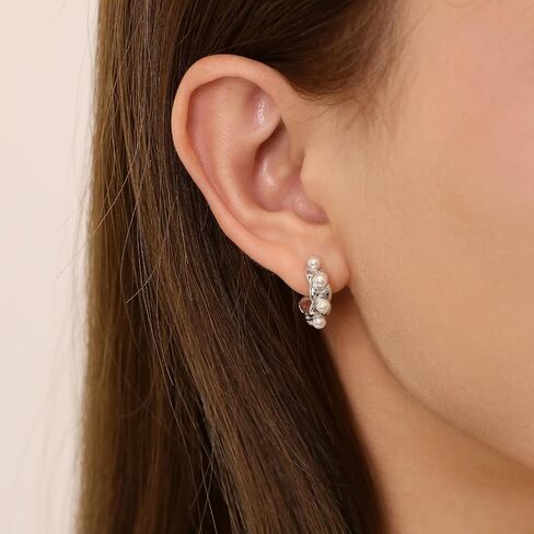 Gold Hoop Earrings for Women Chunky Pearl Huggie Earrings 925 Sterling Silver Wedding Hoops, Gold in Kuwait