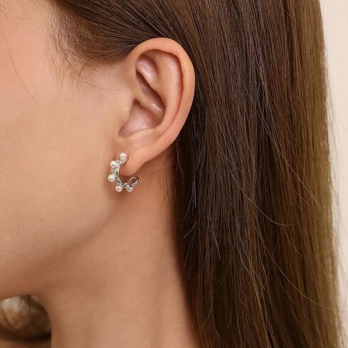 Gold Hoop Earrings for Women Chunky Pearl Huggie Earrings 925 Sterling Silver Wedding Hoops, Gold in Kuwait