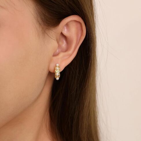 Gold Hoop Earrings for Women Chunky Pearl Huggie Earrings 925 Sterling Silver Wedding Hoops, Gold in Kuwait