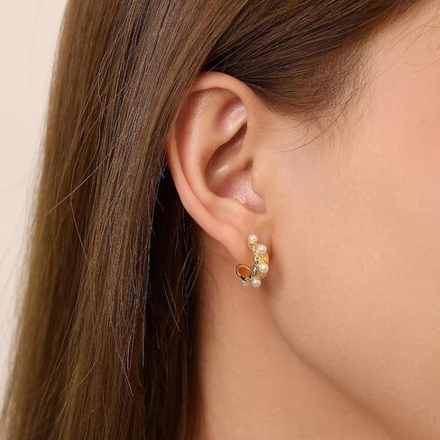 Gold Hoop Earrings for Women Chunky Pearl Huggie Earrings 925 Sterling Silver Wedding Hoops, Gold in Kuwait