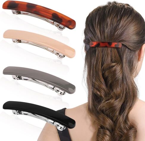 Ahoney 4Pcs Hair Barrettes for Women: 3.6" Flat Banana Clips, Pins for Thin Hair Styling Accessories, Gift Set (Black/Brown/Red/Pink) in Kuwait