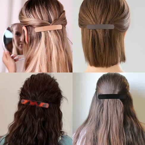 Ahoney 4Pcs Hair Barrettes for Women: 3.6" Flat Banana Clips, Pins for Thin Hair Styling Accessories, Gift Set (Black/Brown/Red/Pink) in Kuwait