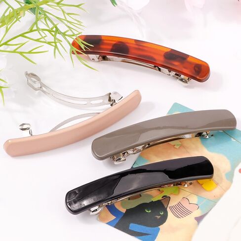 Ahoney 4Pcs Hair Barrettes for Women: 3.6" Flat Banana Clips, Pins for Thin Hair Styling Accessories, Gift Set (Black/Brown/Red/Pink) in Kuwait