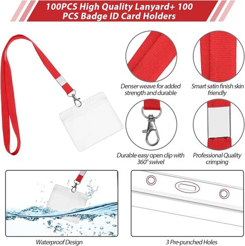 Shappy 100 Pieces Clear Name Tags with Lanyard Horizontal ID Badge Name Tag Holder Plastic Lanyards for ID Badges with Swivel Hook for Teacher Nurse Volunteer, 3 x 4 Inch(Red) in Kuwait