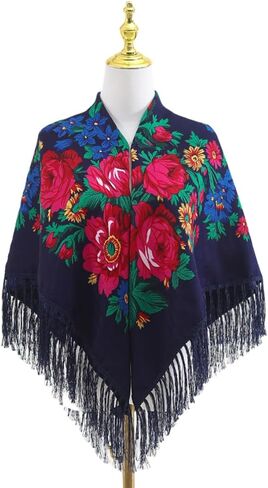 Oversized women's Print traditional shawl Red Black blue Multi-color vintage large Peony flower fringe Women's square scarf Multi-purpose headscarf Home decoration book tablecloth (Black) in Saudi Arabia