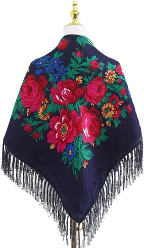 Oversized women's Print traditional shawl Red Black blue Multi-color vintage large Peony flower fringe Women's square scarf Multi-purpose headscarf Home decoration book tablecloth (Black) in Saudi Arabia