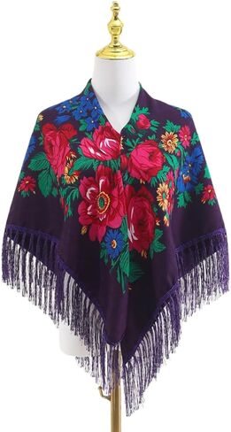 Oversized women's Print traditional shawl Red Black blue Multi-color vintage large Peony flower fringe Women's square scarf Multi-purpose headscarf Home decoration book tablecloth (Black) in Saudi Arabia