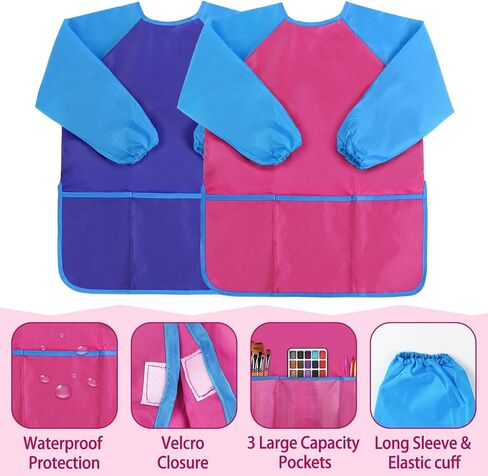 2 Pack Kids Choilers Art Smock ، مآزر فنان للأطفال المقاوم للماء مع 3 جيوب طويلة الأكمام لمدة 2-6 سنوات in Kuwait