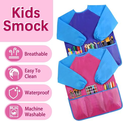 2 Pack Kids Choilers Art Smock ، مآزر فنان للأطفال المقاوم للماء مع 3 جيوب طويلة الأكمام لمدة 2-6 سنوات in Kuwait