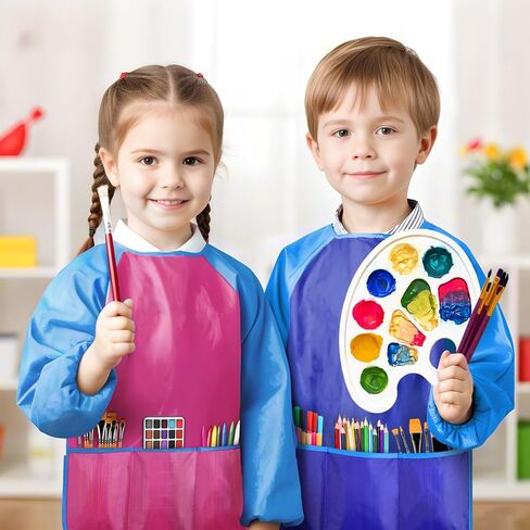 2 Pack Kids Choilers Art Smock ، مآزر فنان للأطفال المقاوم للماء مع 3 جيوب طويلة الأكمام لمدة 2-6 سنوات in Kuwait