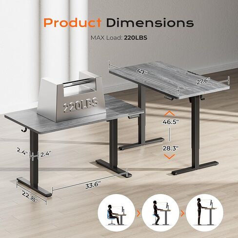 Huuger 55 x 28 Inch Electric Standing Desk, Large Stand up Desk, 27.6" Deep Desktop, 28.3" to 46.5" Height Adjustable Desk, Computer Desk with 2 Hooks, 3 Preset Heights, Office Desk, Black in Kuwait
