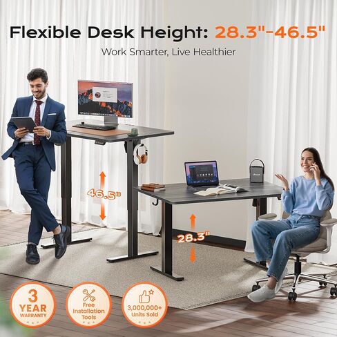 Huuger 55 x 28 Inch Electric Standing Desk, Large Stand up Desk, 27.6" Deep Desktop, 28.3" to 46.5" Height Adjustable Desk, Computer Desk with 2 Hooks, 3 Preset Heights, Office Desk, Black in Kuwait