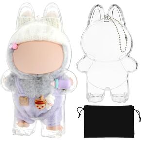 Protective Case for LABUBU, Plastic Clear Display Box with Key Chain for LABUBU Doll, Protective Cover for labubu Plush Toy, Transparent PVC Bag for Storage (Doll Not Include, 17cm)