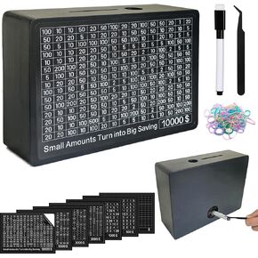 Quincunx Wooden Money Saving Box Cash Savings Box for $10000, 5000, 3000, 2000, 1000, 500 and Custom x2, Target Money Saving Challenge, kakeibo Money Box with Pen (Wood)