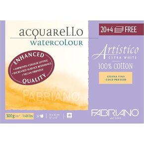 كتلة ألوان مائية Fabriano Artististico ، 10 × 14 بوصة ، أبيض إضافي ، مطبعة باردة ، 24 ورقة ، قطنية ، خالية من الأحماض ، 4 أوراق مجانية