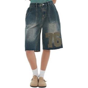 Ponitrack Baggy Jorts Print Denim Shorts Baggy Jorts Casual Wide Leg Shorts Patchwork Jeans Shorts Jorts Y2K