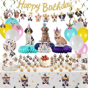 QILICJHZ 165Pcs Dog Birthday Decoration,Dog Party Decorations Serves 20,Puppy Birthday Decorations,Puppy Party Decorations with Balloon Banner Plate Napkin Tablecloth Cake Topper for Dog Party