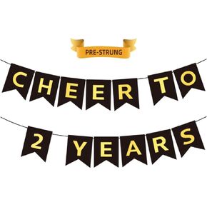 CHEERS TO 2 YEARS Banner, Pre-Strung, Black Gold 2nd Birthday and Anniversary Party Decorations, Happy 2nd Birthday Banner, Two Anniversary Party Banner, 2 Year Old Blessed & Loved Banner