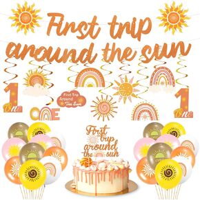 الروميا الأولى حول The Sun Boho Sun 1st Birthdy Banner Banner Balloons مجموعة بوهو لوازم الحفلات البالغة من العمر عام واحد لأشعة قوس قزح Hippie Sunshine Sunshine Down Boys Birls Births