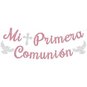 Mi Primera Comunión Banner ، الشركة الإسبانية الأولى المقدسة ، عيد ميلاد ديني الأول ، تعميد معمودية استحمام الأطفال إمدادات الحفلات ، اللوازم الوردي اللامع