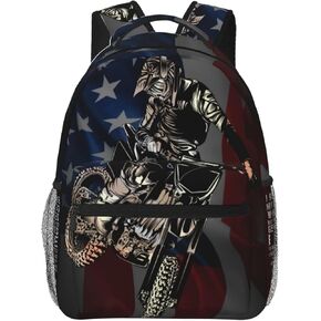 Motocross Dirt Bike American Flag Backpack Porticicle Riker Double Counter Bag Bagpack for Men Women Bookbag for Work Camping Travel