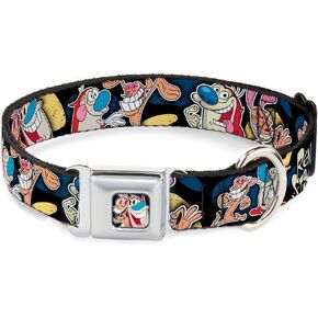 Ren and Stimpy Dog Collar Seatbelt Buckle Ren Stimpy Poses Black Blue Yellow 11 to 17 Inches 1.0 Inch Wide, Multicolor (DC-WRN001-M)