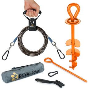 10ft Dog Tie Out Cable and Stake - Dog Stake & Dog Tie Out Out Huchice للكلاب الكبيرة التي تصل إلى 300 رطل (10 أقدام من الكلب الأسود ومرساة الكلب البرتقالي الملكي)