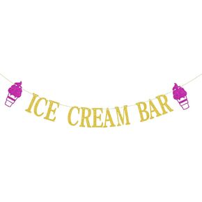 Ice Cream Bar Banner, Summer Ice Cream Sundae Bar Decoration Sign,Hello Summer Kid's Birthday Baby Shower Party Decoration Supplies Gold