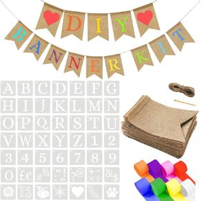 DIY 50 Banner Kit مع 49 خطابًا ، تصنع لافتة الخيش الشخصية الخاصة بك مع رسائل أبجدية للاستخدام اليومي استحمام الأطفال حفلات زفاف ريفي أعياد الميلاد حفلات العطل