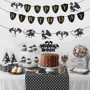 Jevenis Dragon Birthday Banner & Decoration - Fantasy Party Decoration & Cake Topper