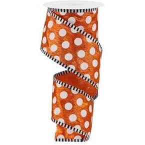 Medium Polka Dot Stripe Wired Ribbon, Orange White with Black Trim - 2.5" X 10Yard (30 Feet)