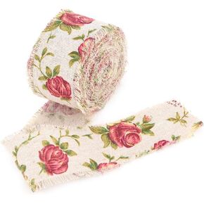 Printed Rose Flower Burlap Ribbon Jute Burlap Fabric Ribbon for Wedding Party Wrapping and Home Decor 11 Yards Long 2 inches Wide