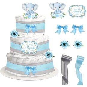Baby Shower Blue Elephant Diaper Cake Decorations, Newborn Baby Boy Birthday Party Diaper Cake Supplies Kit, Include Ribbon, Bow Tie, Cake Toppers, Artificial Flowers(Diaper Not Included)