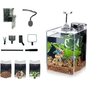 1.2 Gallon Betta Aquarium Kit, Glass Fish Tank with Self Cleaning Filter Light Gravel Plants Cleaning Tool Set, All in One Kit Water Pump Complete Desktop Small Fish Keeping