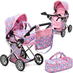Baby Doll Convertible Pram Stroller with Removeable Travel Bassinet Carrier for Kids Toddlers Play 25 Inch Adjustable Handle Buggy Carriage with Canopy and Storage Basket, Blue