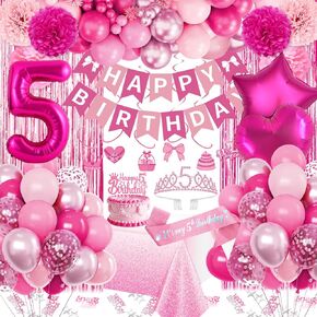 زخارف عيد الميلاد الخامس فتاة ، زخارف الحفلات الوردية مع رقم 5 بالون عيد ميلاد سعيد لافتة BDAY SASH CROWN TOLLOTH FREEGE CURTAIN