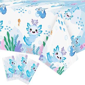 6 Packs Blue Cartoon Axolotl Party Table Cover, Reptile Animals Waterproof Disposable Tablecover, Plastic Rectangle Tablecloth for Kids Axolotl Birthday Baby Shower Party Supplies, 86x51 inch