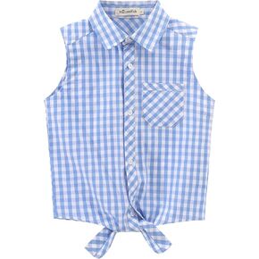 Noomelfish Girls Plaid Sleeveless Button Down Shirt Tie Knot Blouse Tank Tops (5-12 Years)