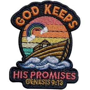 God Keeps His Promises Patch, 3 Inches Iron On/Sew On Embroidered Applique Fabric Genesis Scripture Patches for Clothes Backpacks Hat Jeans, Rainbow Noah Ark Embroidery Patches Christians