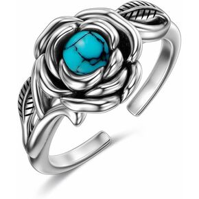 Rose Turquoise Ring for Women 925 Sterling Silver Adjustable Ring Open Statement Ring Turquoise Jewelry for Women Girls Christmas