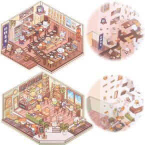 HINZIC 2 Sets 3D Sticker Scene DIY Make Your Own Mini House Shop Scene Stickers Cute Cartoon Animal Stickers for Adult Relief Stress Pass The Time