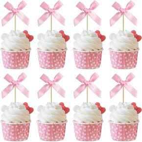 50 pcs Pink Bow Cupcake Toppers, Pre made Satin Ribbon Bow Cake Topper, Mini Bowknot Cupcake picks for Coquette Theme Party Bridal Bachelorette Baby Shower Party Decoration