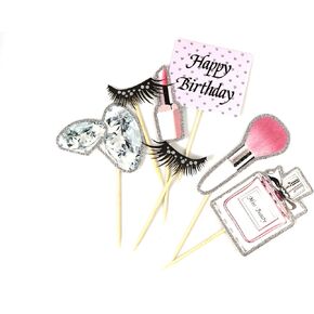 Cosmetic Toppers Gift Set, Sparkling Cupcake Decorations with Eyelash, Diamond, Perfume & Lipstick Picks for Birthdays, Bachelorette Parties