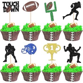 16 PCS Rugby Ball Cupcake Toppers Glitter Trophy Ball Ball Cupcake Parts for Rugby Player Party ، Doy Birth Birthdy Party Cake Decorations