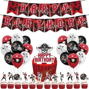 32PCS TAMPA BAY PATHER RUCBY مجموعة زخرفة الحزب تشمل راية عيد ميلاد سعيد ، 1 كعكة توبر ، 12 القبعات العليا كب كيك ، 18 بالونات للبنين الفتيات ديكورات حفلة عيد ميلاد الفتيات