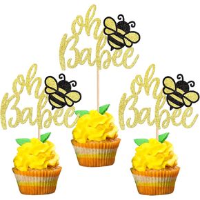 12 PCS Bumble Bee Oh Babee Cupcake Toppers ، Gold Glitter Oh Babee for Bee موضوع استحمام الأطفال أطفال عيد ميلاد زخارف كعكة الإمدادات