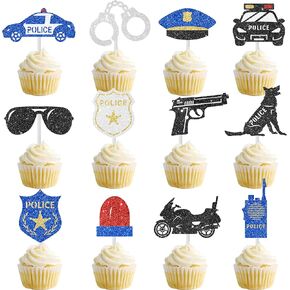 24pcs Glitter Polit Party Party Cupcake Toppers Plicman Decorities Police Police Misoun