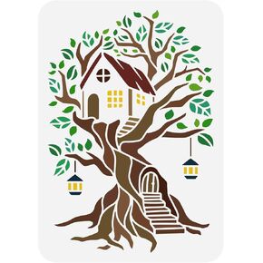 FINGERINSPIRE Tree House Stencil for Painting 11.7x8.3 inch Hollow Out Tree of Life Drawing Stencils Reusable Plastic Log Cabin Staircase Lantern Craft Stencil for Wall, Fabric, Paper, Photo Album